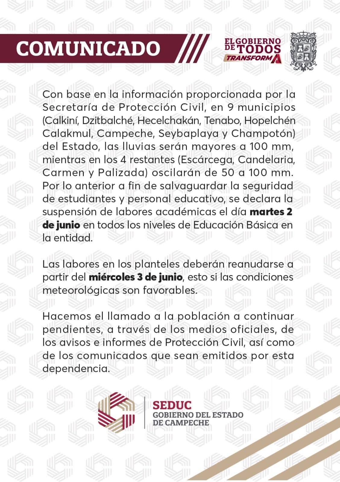Autoridades confirman suspensión de actividades académicas en Campeche.