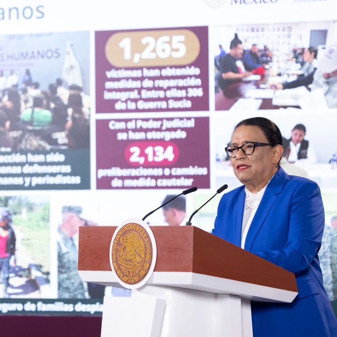 Rosa Icela Rodríguez habla durante su informe en Palacio Nacional.