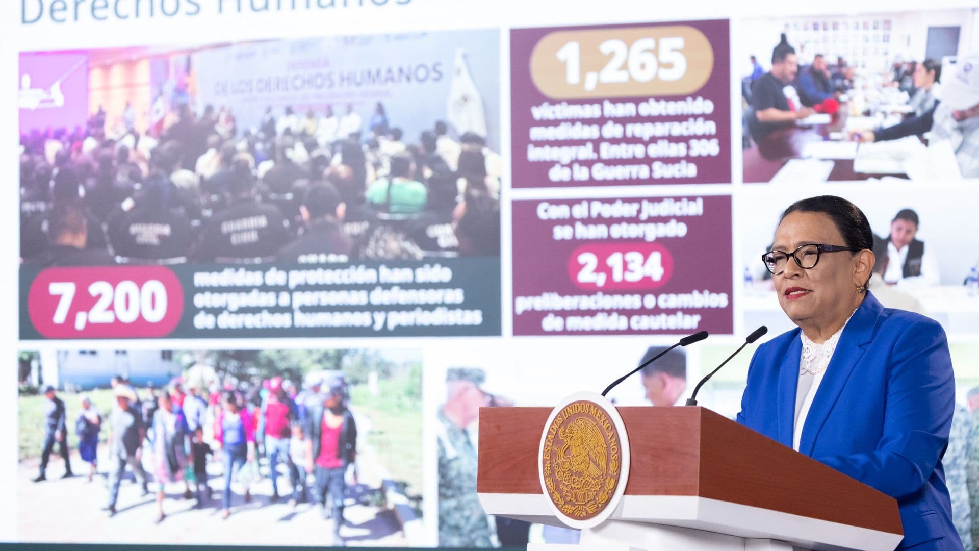 Rosa Icela Rodríguez habla durante su informe en Palacio Nacional.