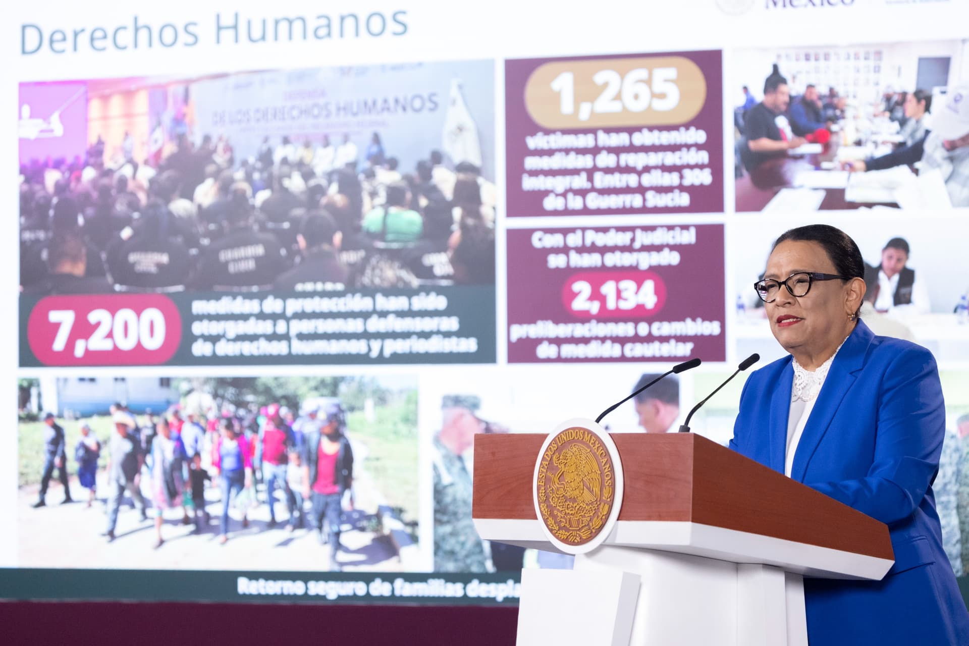 Rosa Icela Rodríguez habla durante su informe en Palacio Nacional.