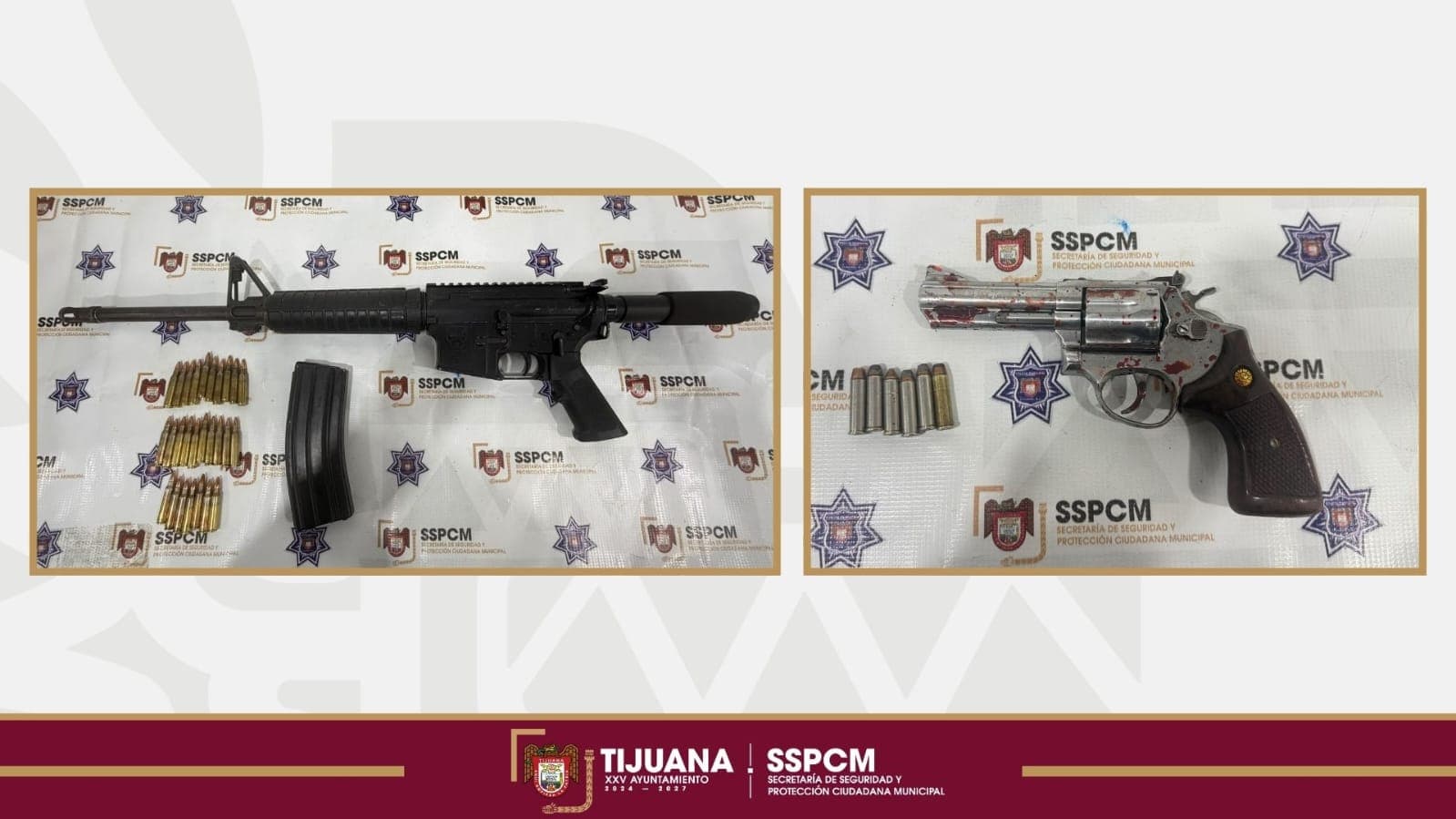 Armas de fuego y cartuchos percutidos asegurados durante la intervención policial en Tijuana