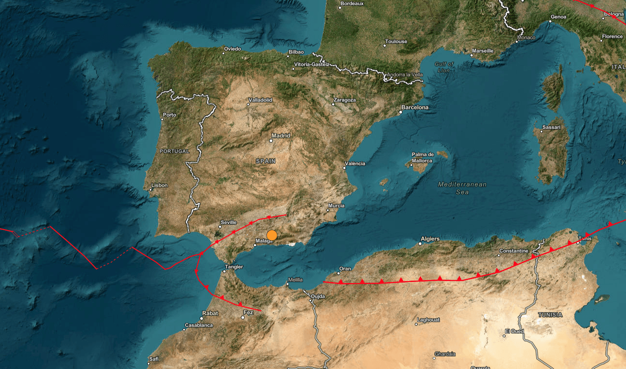 Zona del epicentro del sismo en España. Foto: USGS