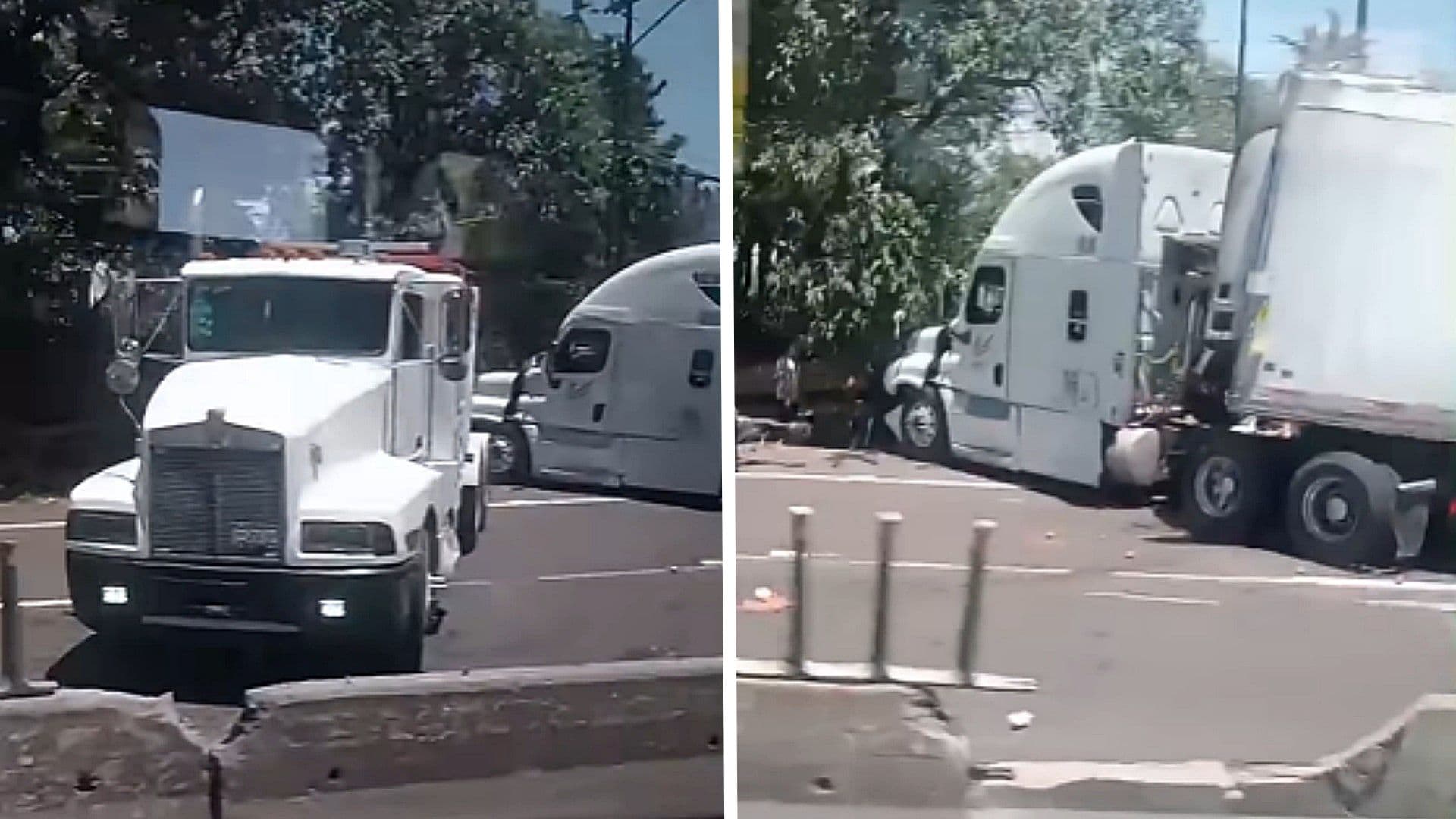 Tráileres que se impactaron en la carretera México-Toluca en Cuajimalpa, CDMX. Foto: Facebook @mxqnoticias