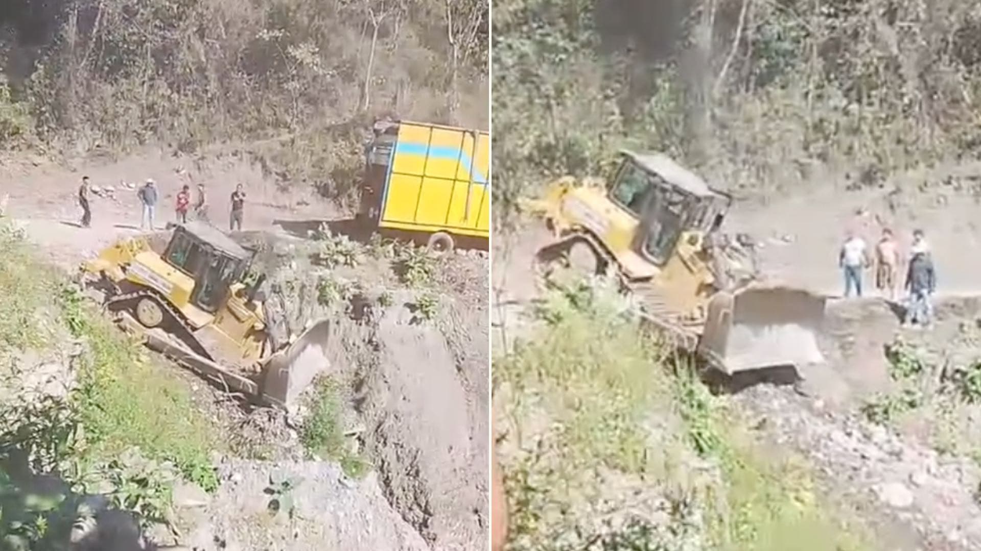 Conductor a bordo de retroexcavadora rescata a tráiler en Puebla