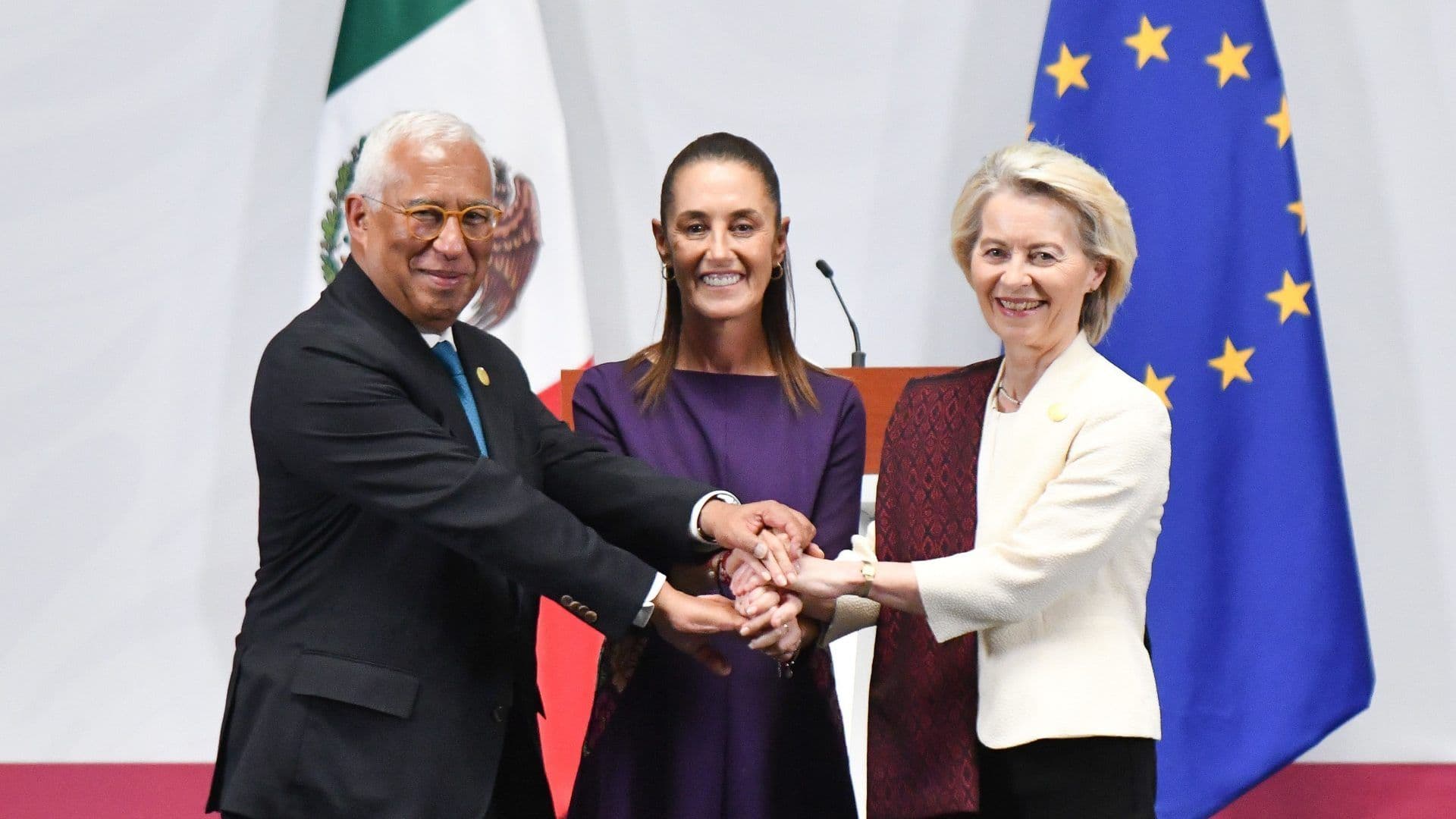 Claudia Sheinbaum durante conferencia con Ursula von del Leyen y António Costa, en Palacio Nacional en mayo 2026. Foto: Cuartoscuro | Archivo