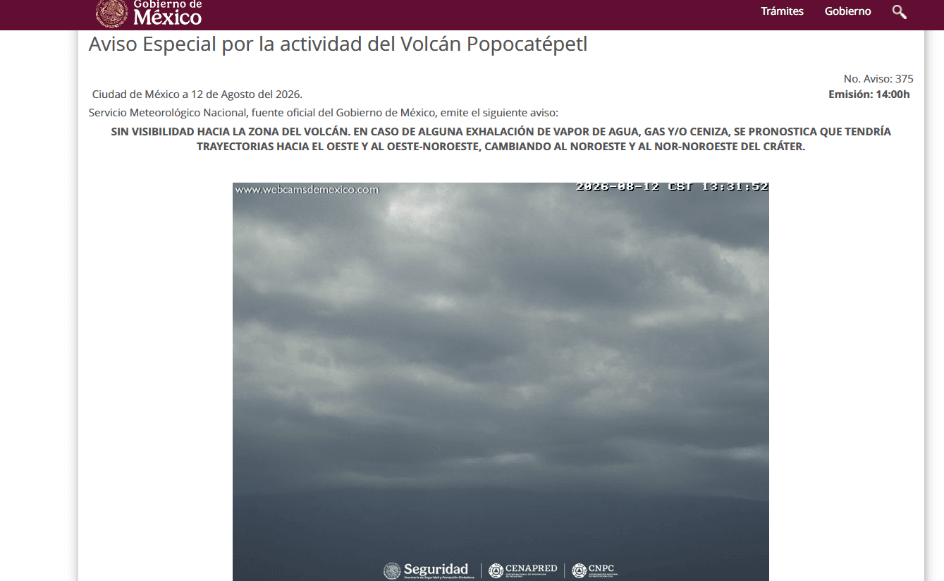 Volcán Popocatépetl, a las 13:31 horas, del 12 de agosto de 2026. Foto: Cenapred
