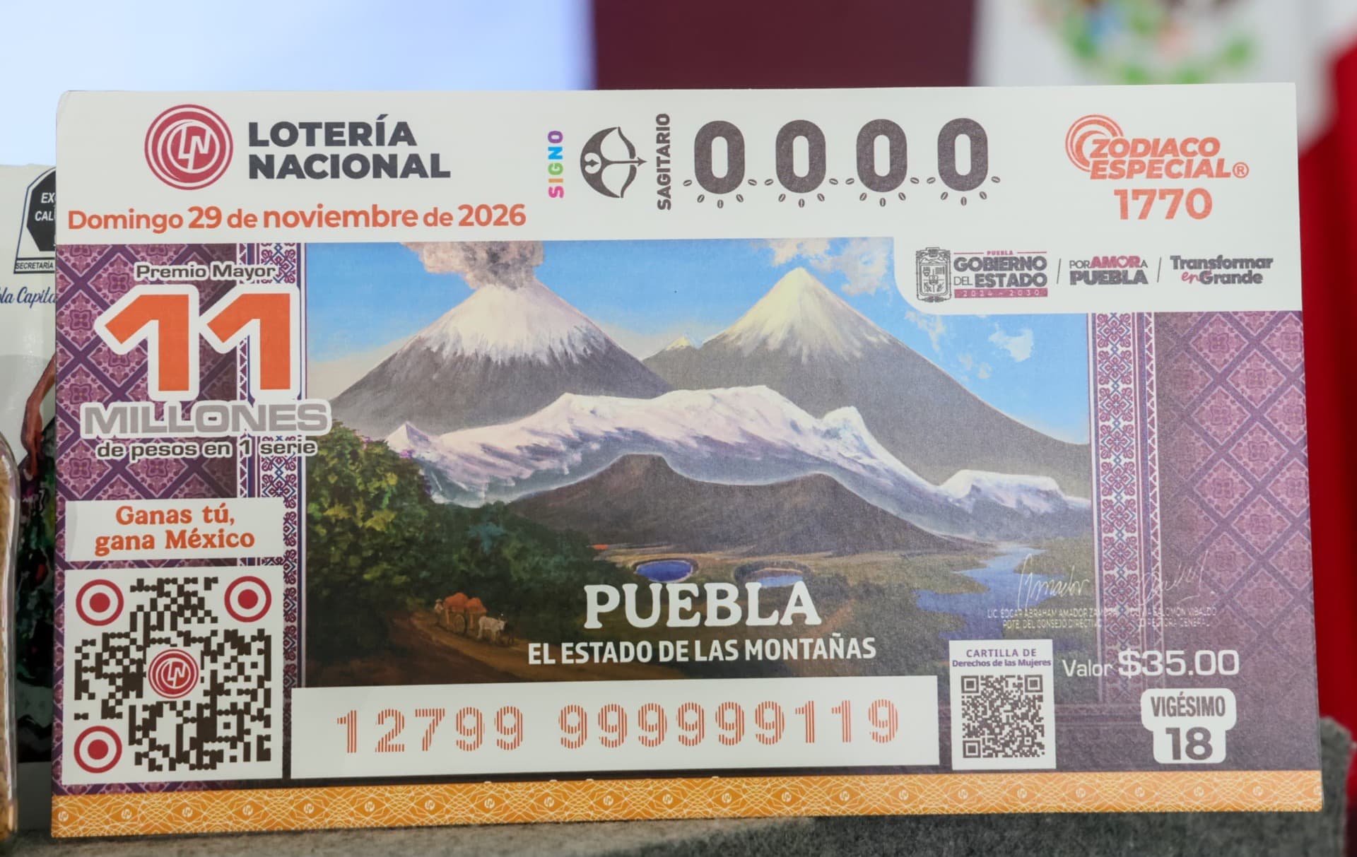 La imagen representa al Popocatépetl, Iztaccíhuatl, Citlaltépetl, la Malintzi y Sierra Negra.