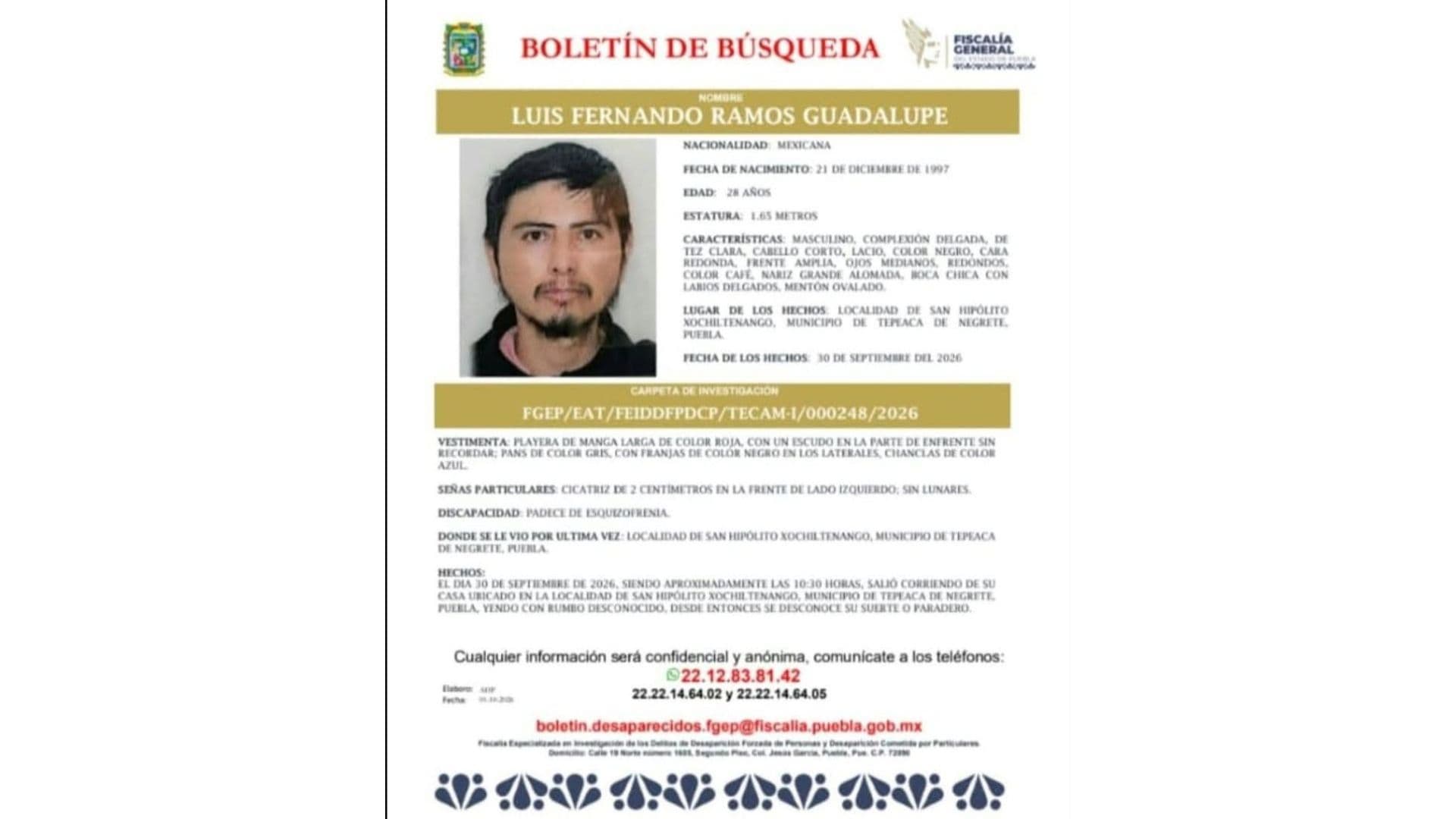 Boletín de búsqueda de Luis Fernando Ramos Guadalupe