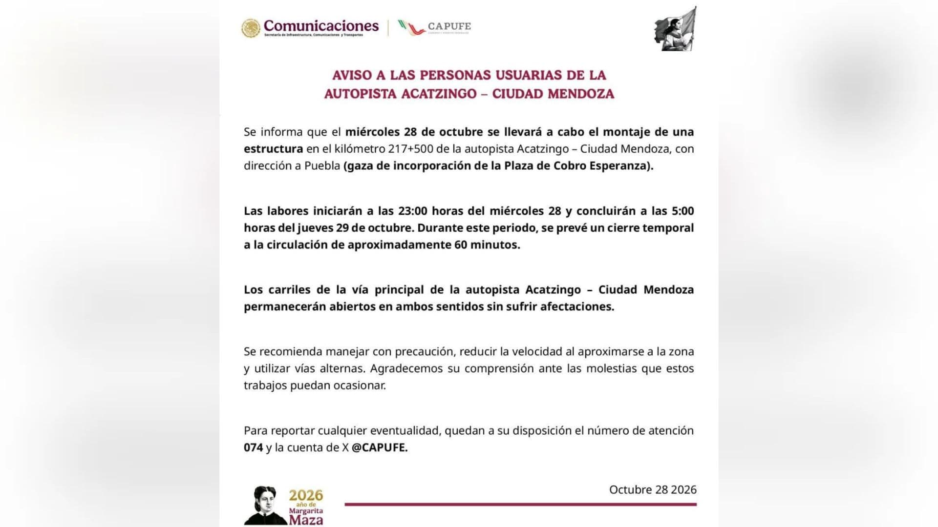 CAPUFE anuncia cierre de Autopista Acatzingo-Ciudad Mendoza
