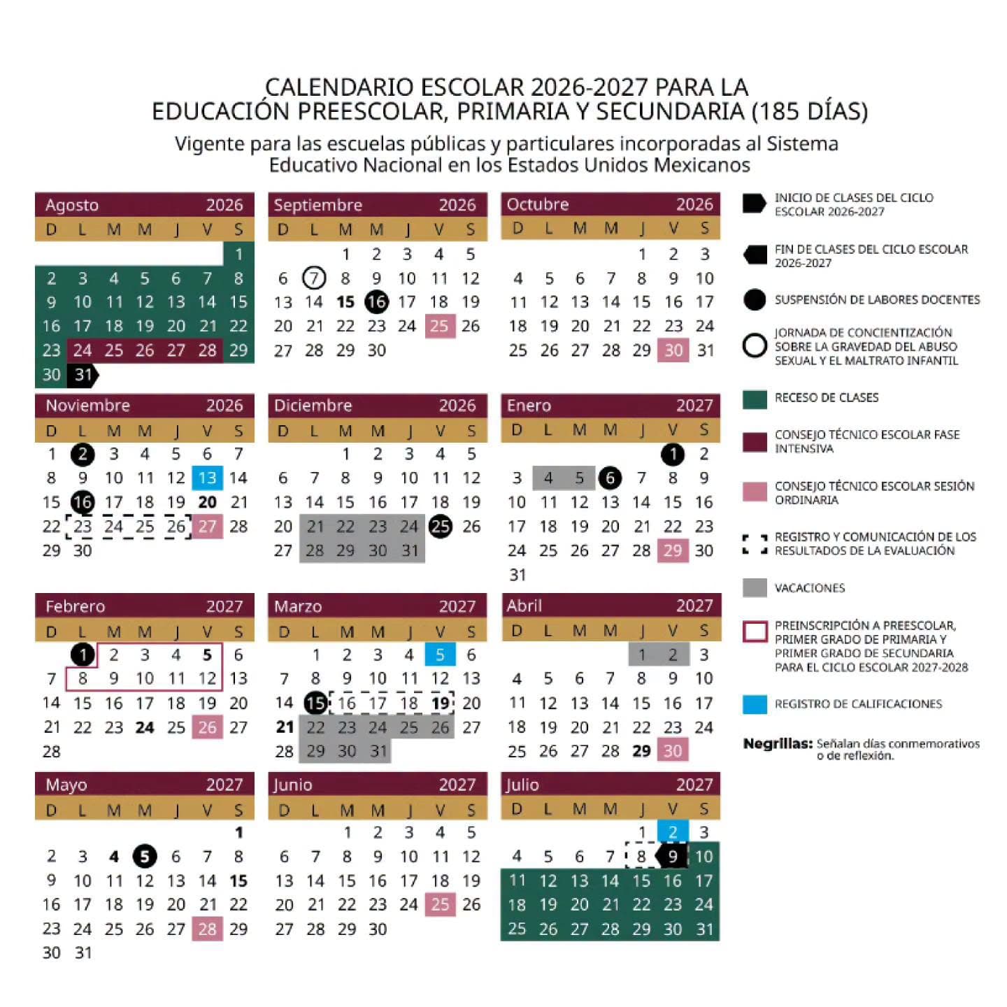 calendario escolar de la SEP para el ciclo escolar 2026-2027