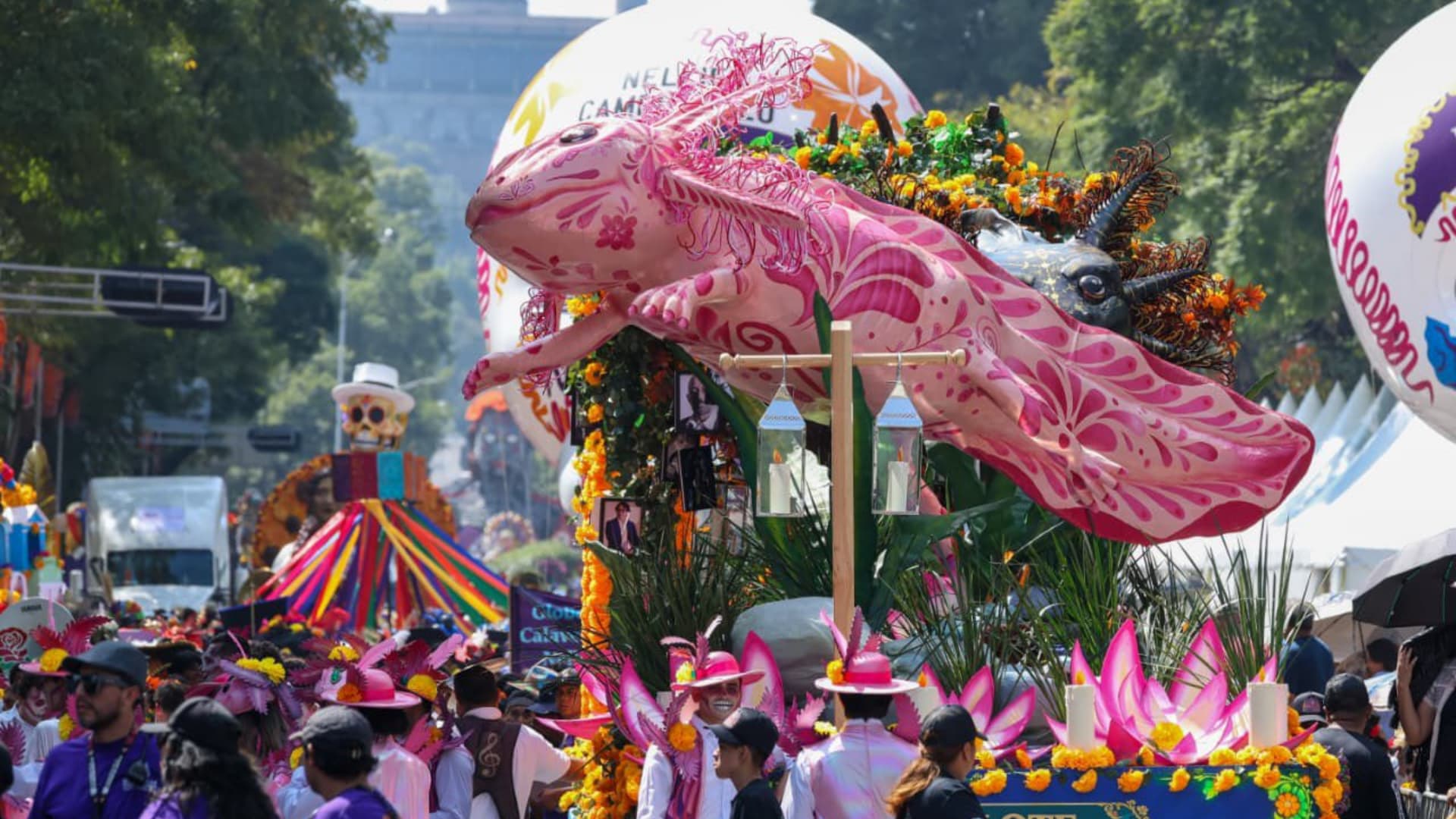 Carro alegórico de ajolote en Desfile de Día de Muertos 2026