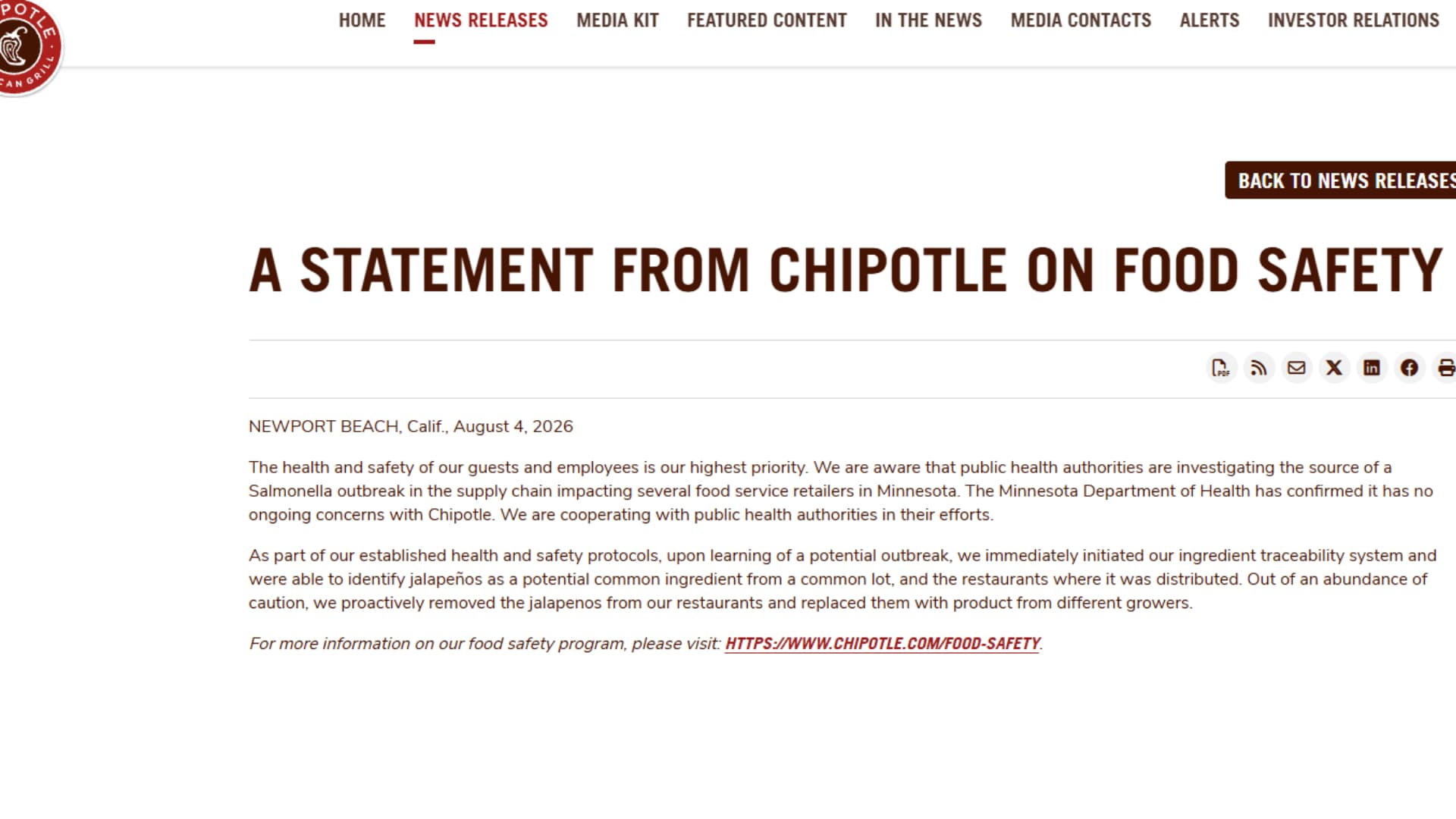 Comunicado de la cadena de restaurantes Chipotle Mexican Grill por posible brote de salmonella. Foto: Chipotle
