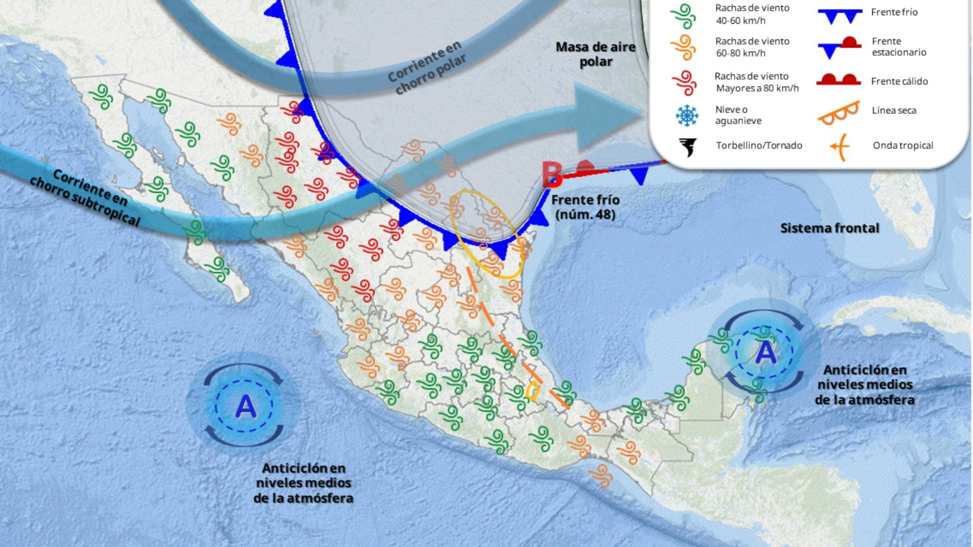 Mapa que muestra circulaciones anticiclónicas el 1 de mayo 2026.