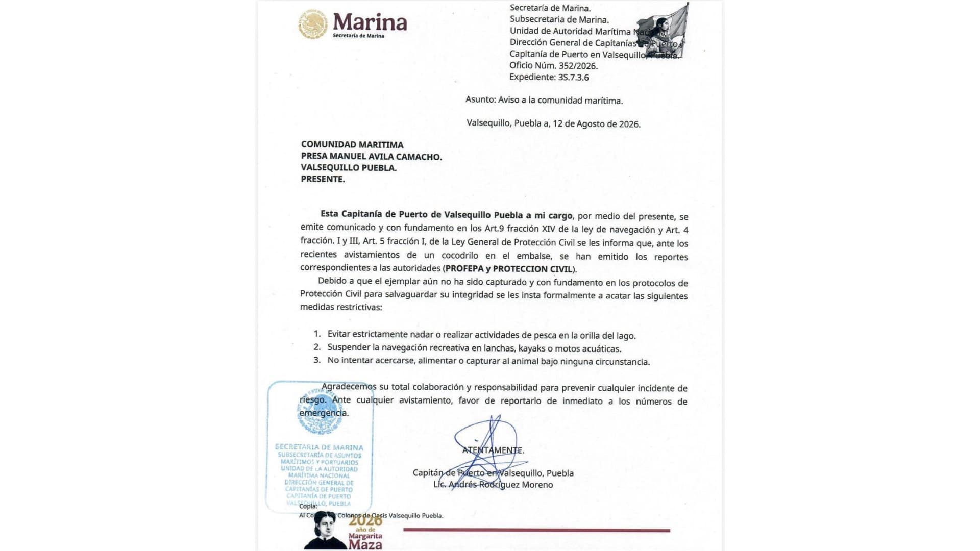Comunicado por posible avistamiento de cocodrilo en Valsequillo, Puebla.
