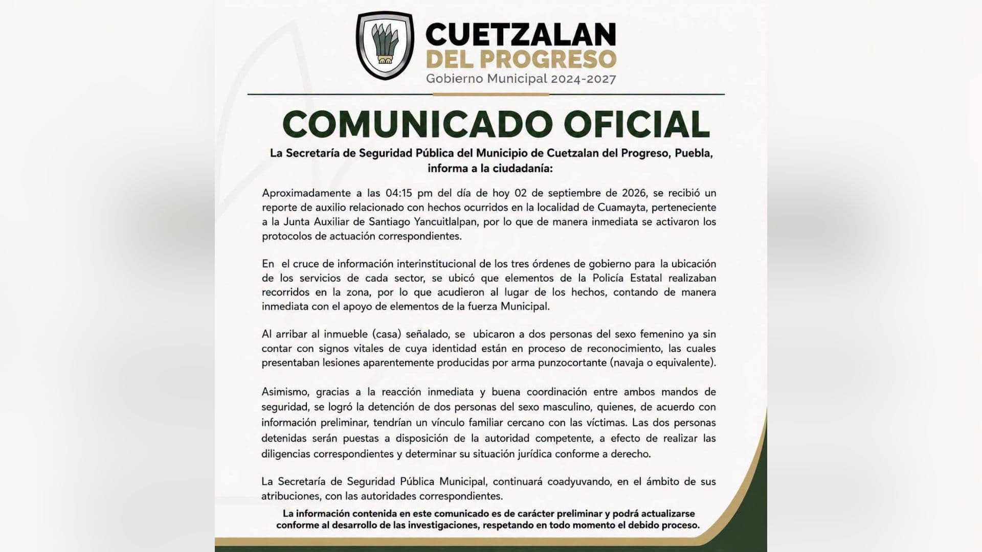 Comunicado sobre hallazgo de mujeres muertas en Cuetzalan
