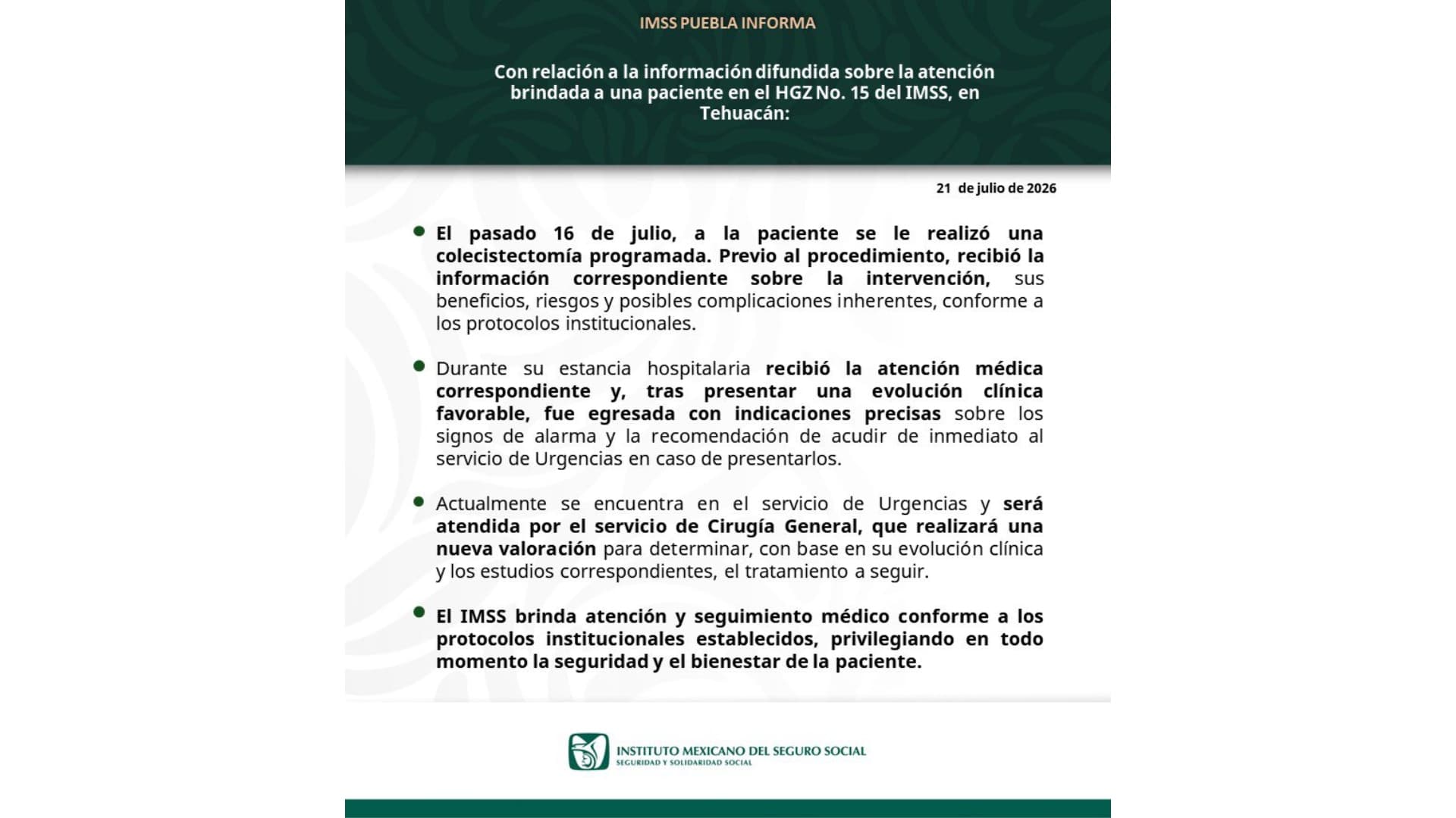 Comunicado por caso en Hospital General de zona número 15 del IMSS.