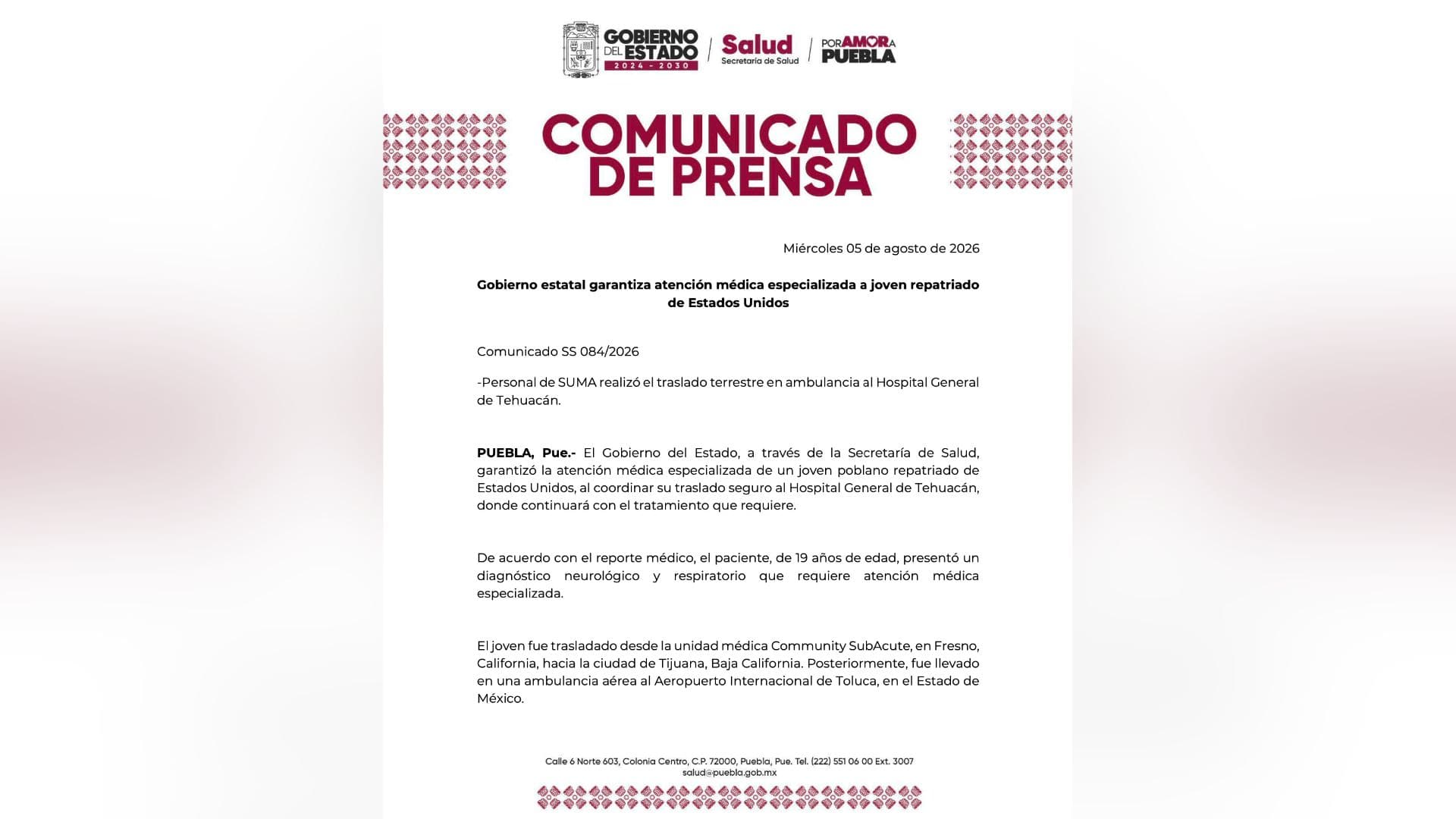 Comunicado sobre migrante poblano repatriado a Tehuacán