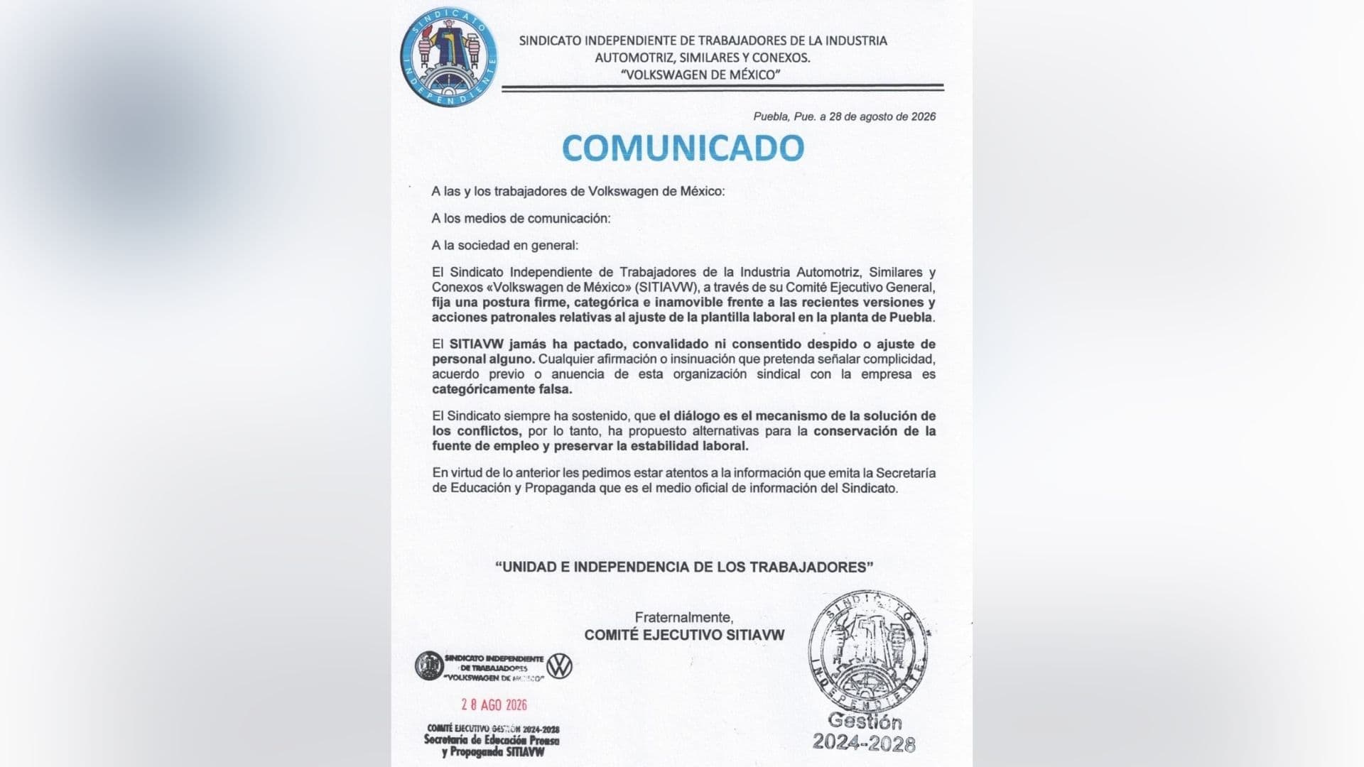 Comunicado del SITIAVW sobre despidos en planta de Volkswagen en Puebla