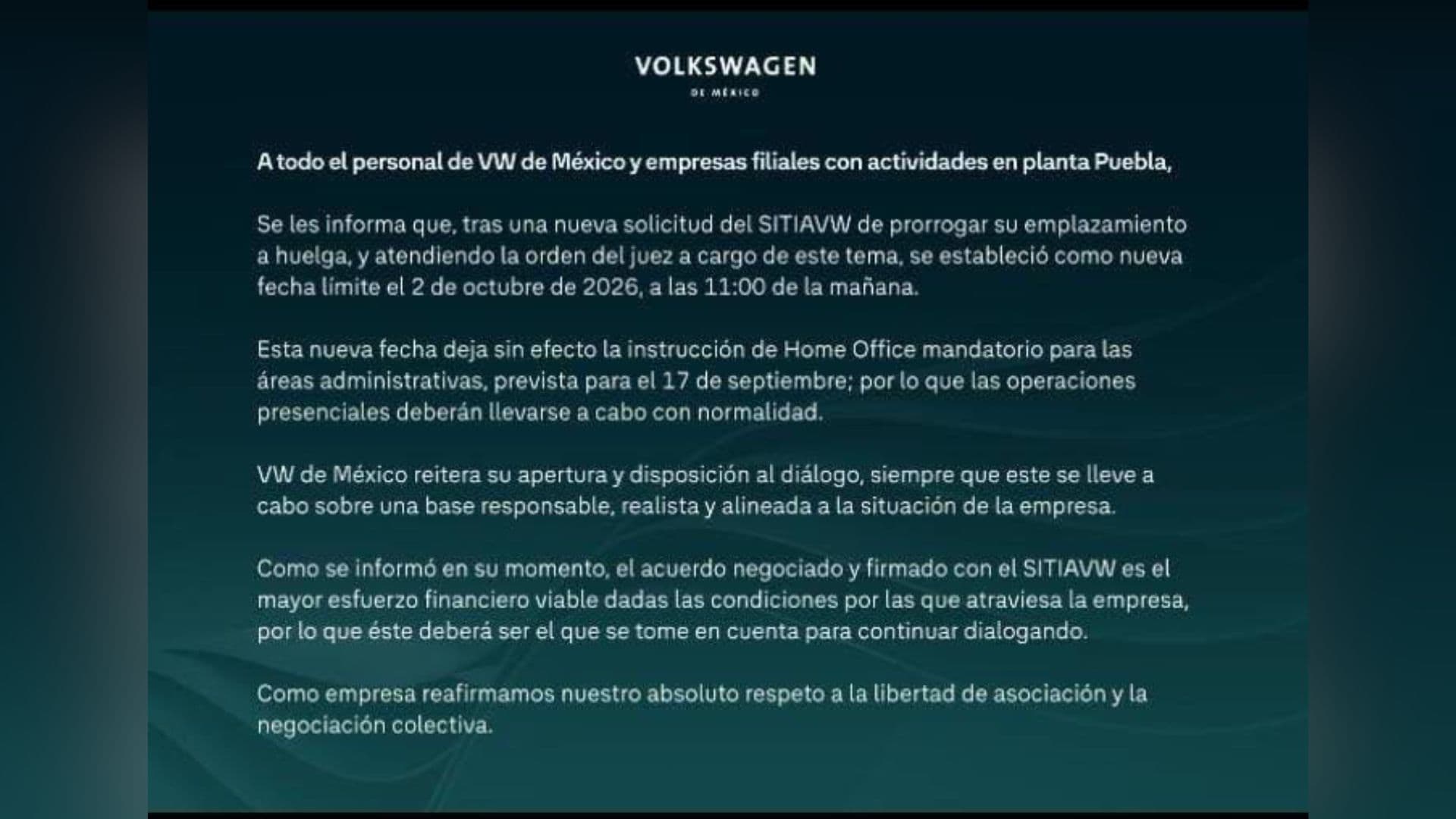 Comunicado de Volkswagen de México sobre Emplazamiento de Huelga