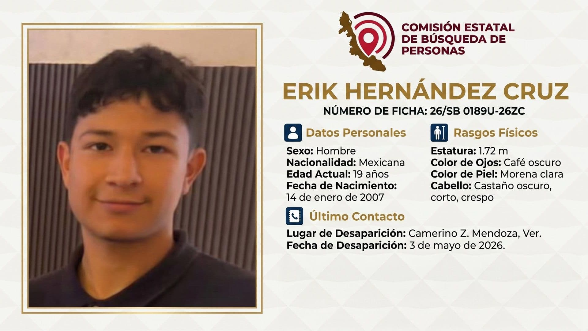 Erik Hernández desapareció tras salir de trabajar en Orizaba