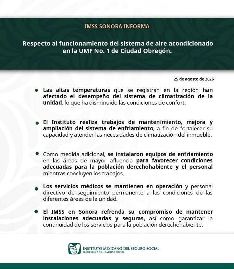 Falla de Aire Acondicionado Afecta al IMSS de Ciudad Obregón