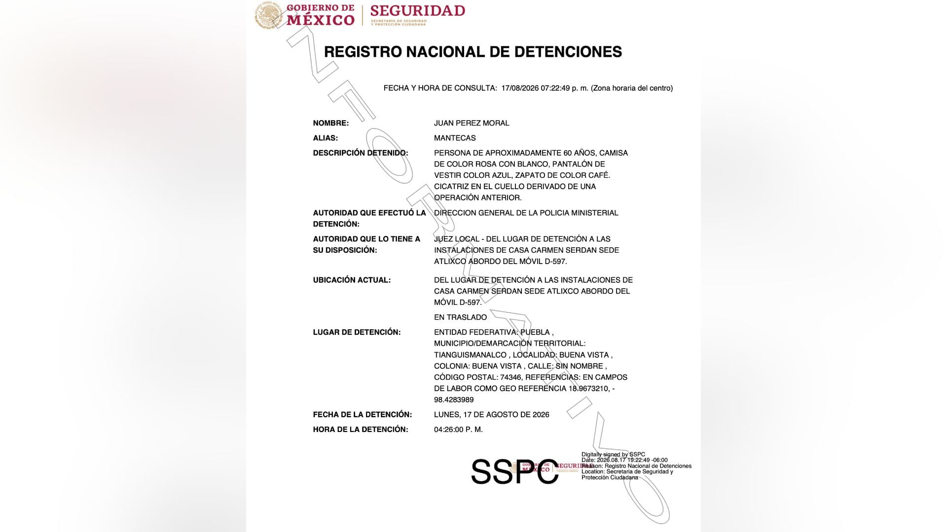 Ficha de detención de presidente municipal de Tianguismanalco, Puebla