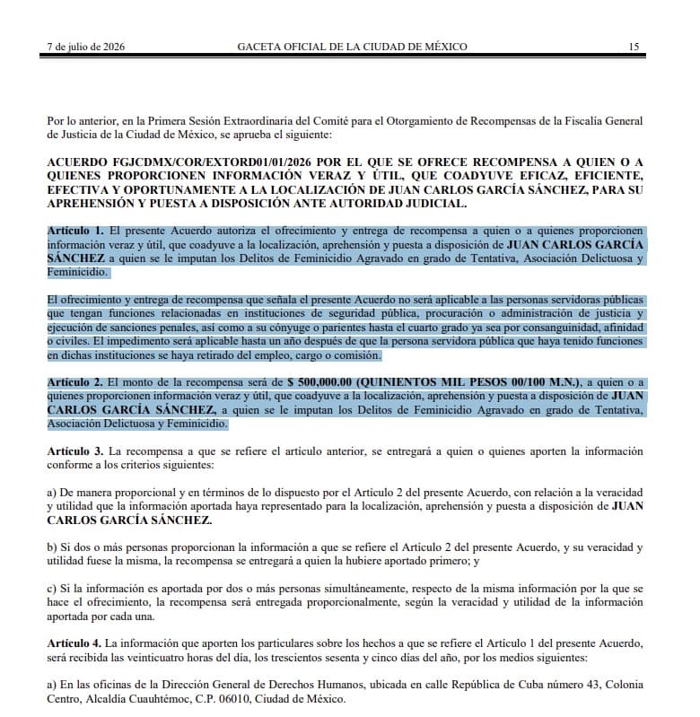 Fiscalía CDMX Ofrece 500 Mil Pesos por Feminicida de Abril Pérez Sagaón