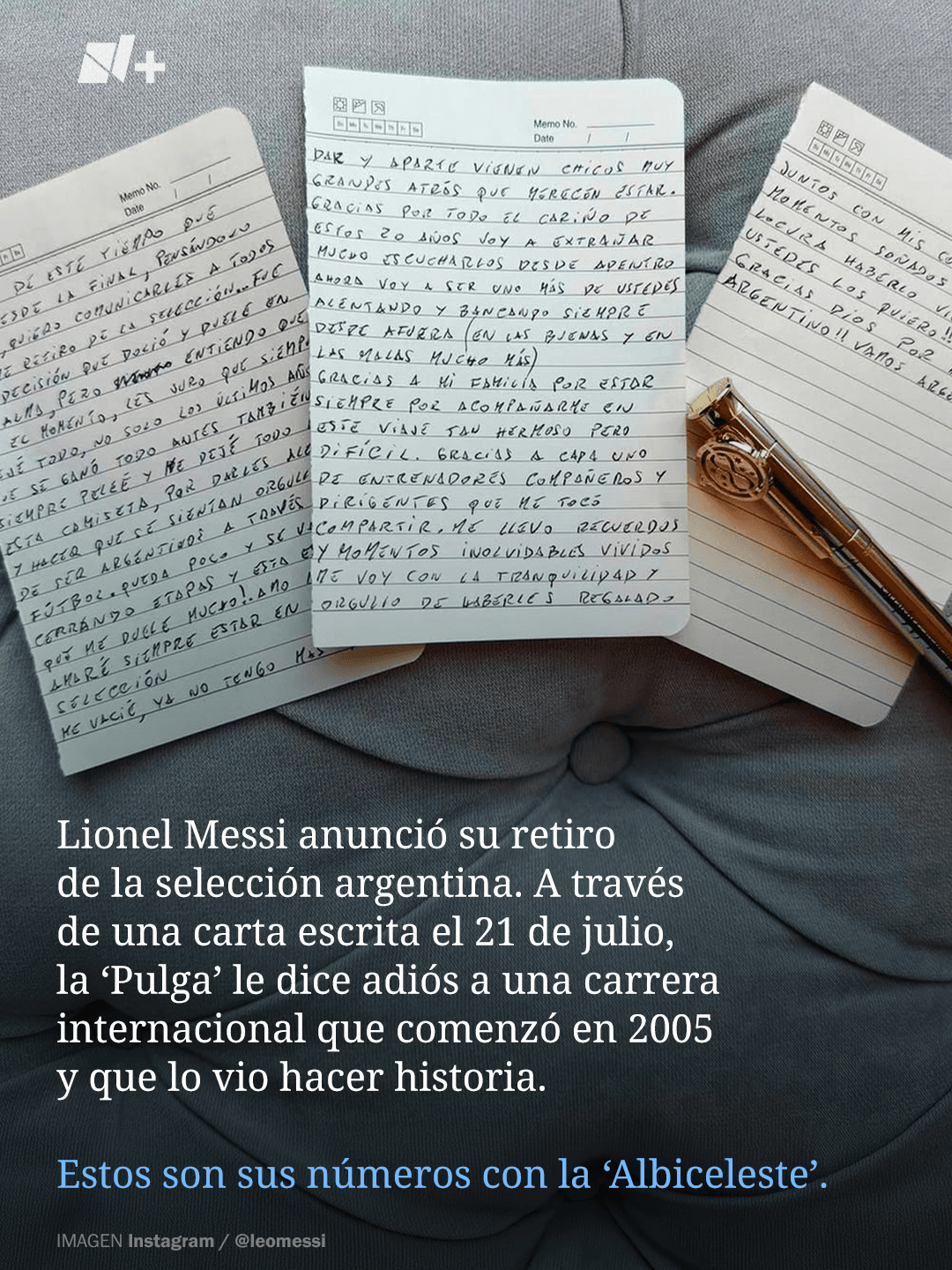Mensaje publicado por Messi en el que anunció su retiro de la Selección Argentina. Foto: N+