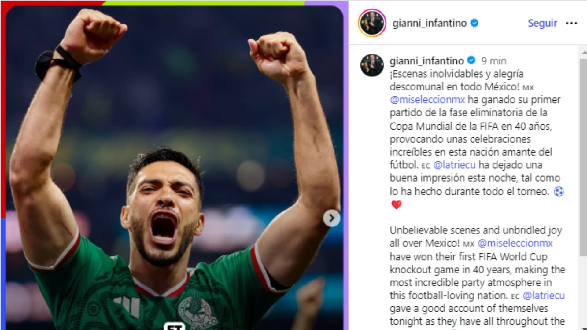 Infantino reconoce a México tras triunfo sobre Ecuador