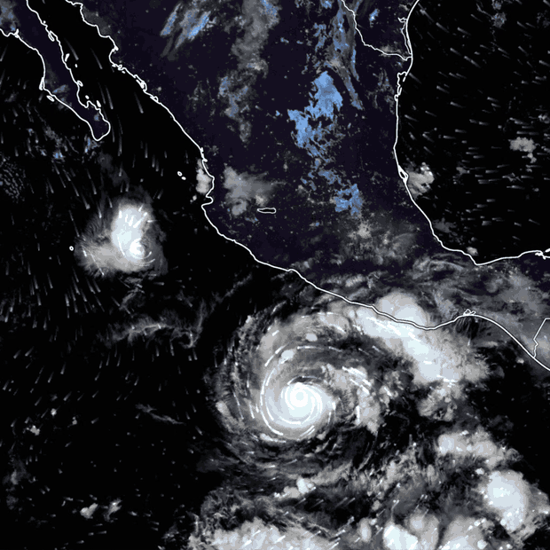 Vista satelital del huracán Trudy y la tormenta Simon el 15 de octubre 2026.