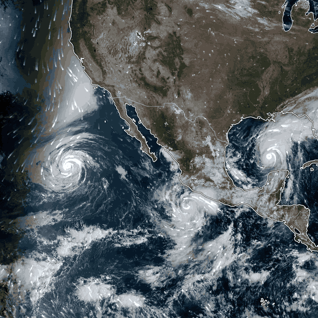 Vista satelital de los 3 ciclones que afectan a México el 8 de octubre 2026