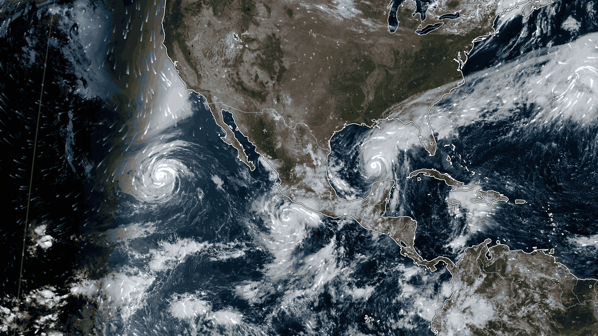Vista satelital de los 3 ciclones que afectan a México el 8 de octubre 2026