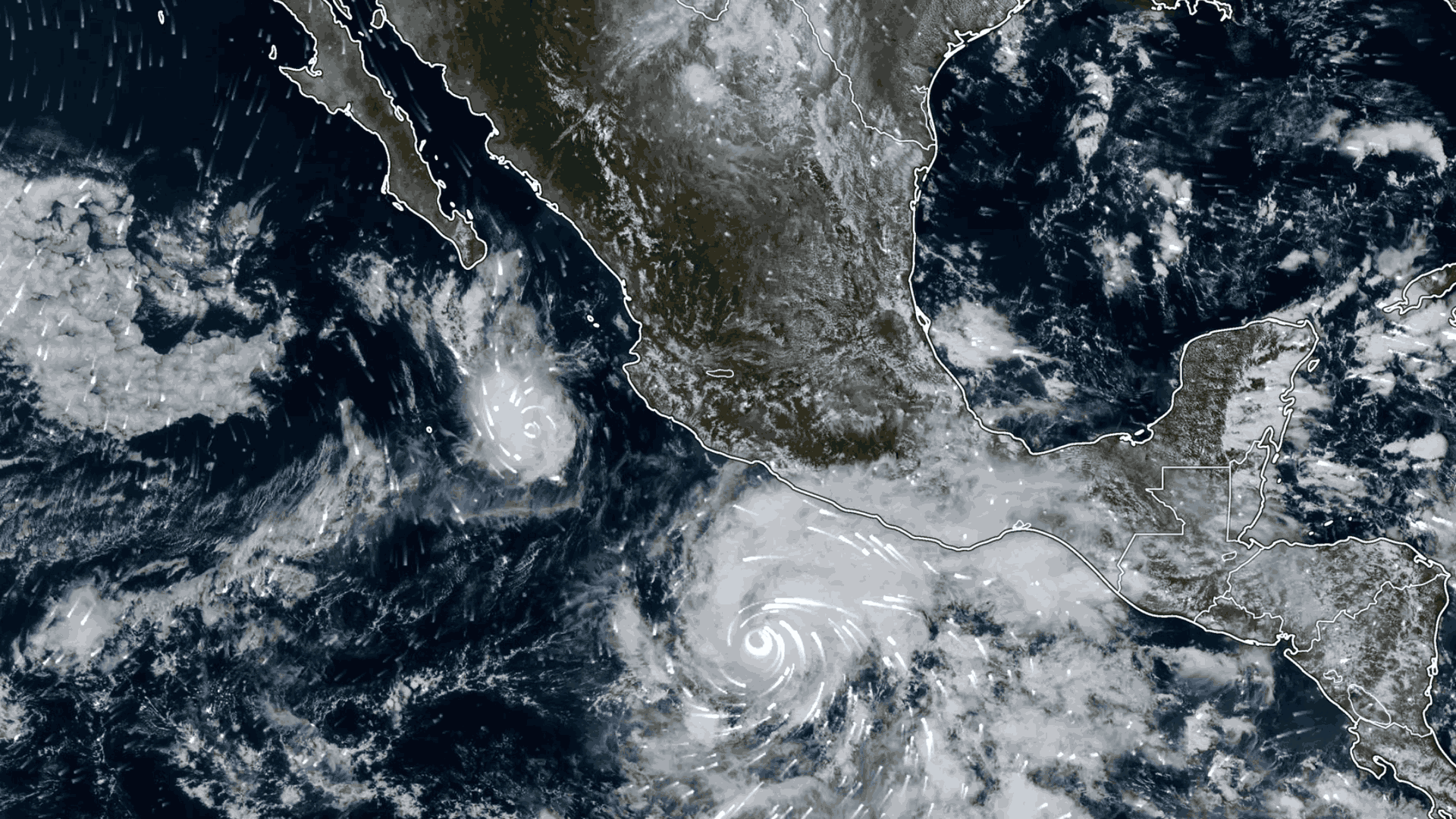 Mapa con la vista satelital del huracán Trudy y la tormenta Simon el 15 de octubre 2026.