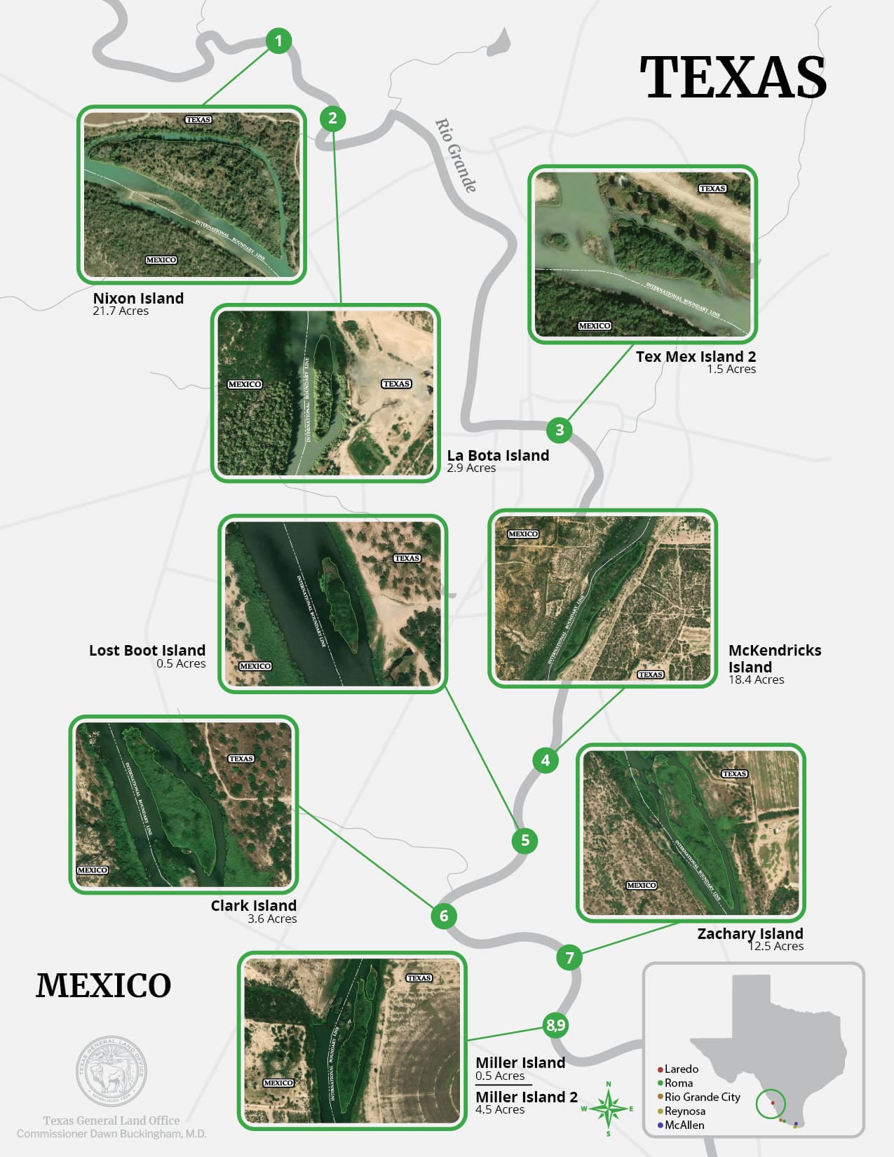 Mapa de ubicación de islas en límites entre Texas y México