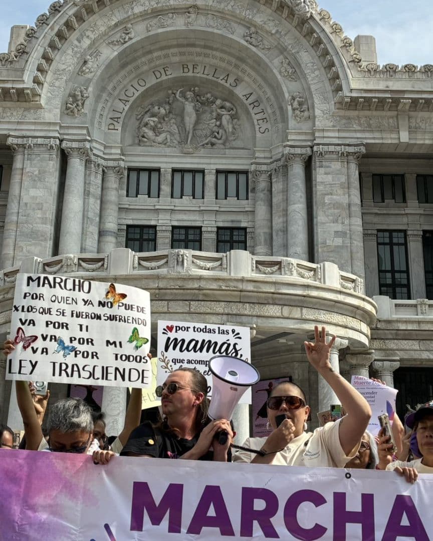 Manifestantes durante protesta a favor de la Ley Trasciende al exterior del Palacio de Bellas Artes