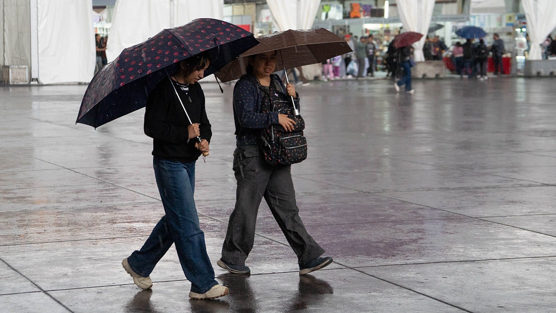 Un par de personas se protege con paraguas de la intensa lluvia en Feria Internacional del Libro en el Zócalo CDMX. Foto: Cuartoscuro