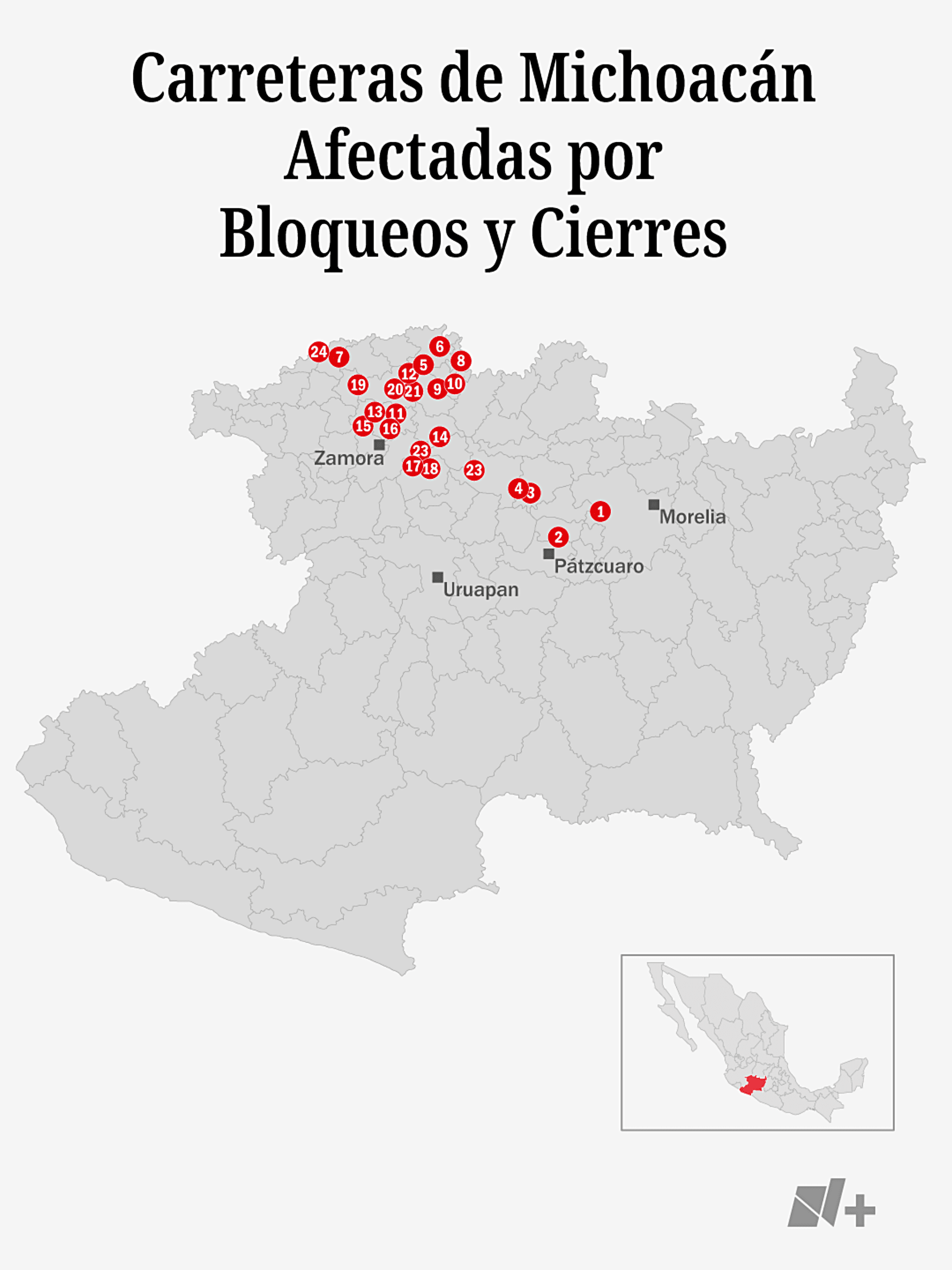 Mapa con zonas de bloqueos carreteros en Michoacán este 19 de agosto 2026. Foto: N+