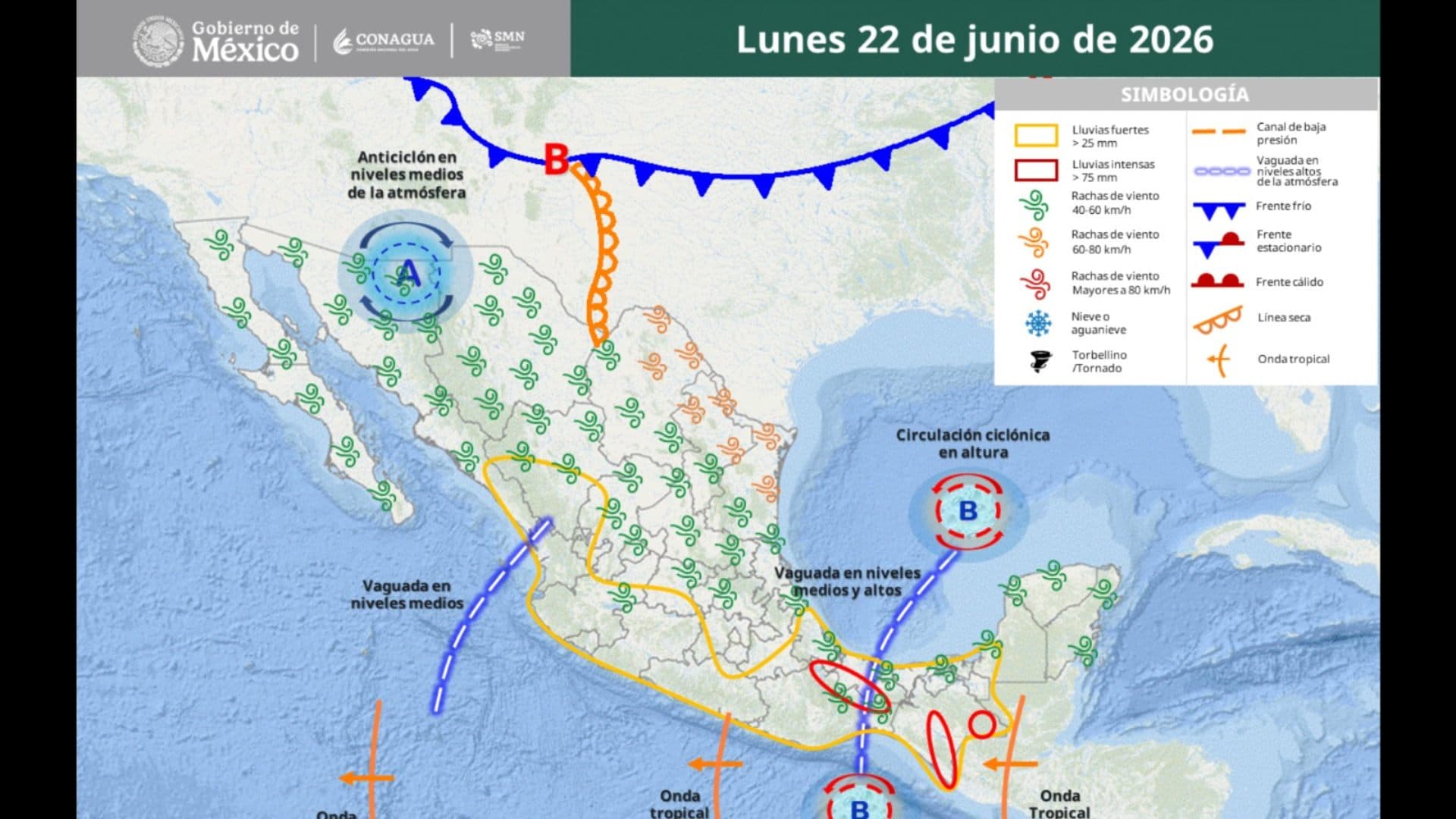 Dónde lloverá este lunes 22 de junio. Mapa: Conagua