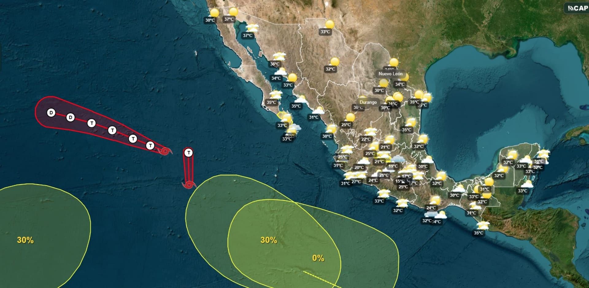 Mapa de las trayectorias de las tormentas Julio e Iselle