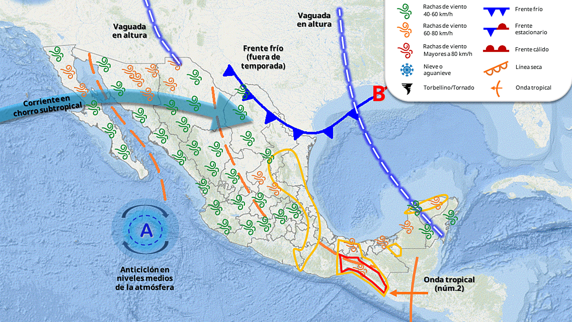 Circulación anticiclónica afecta México el 25 de mayo de 2026.