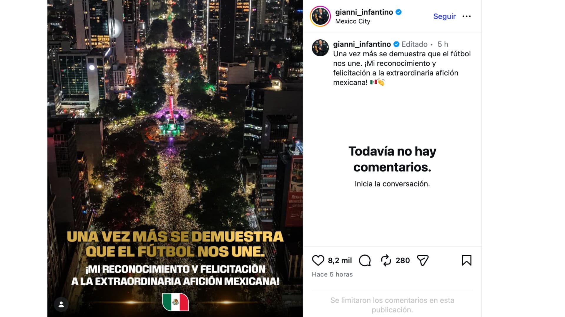 "El futbol nos une", el mensaje de Infantino a la afición de México el 19 de junio 2026.