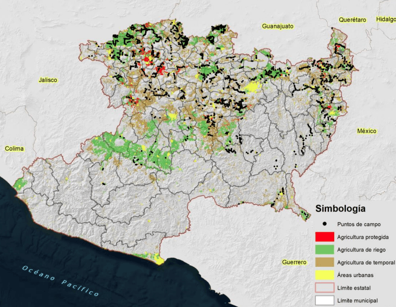 Mapa de zona aguacatera en Michoacán. Foto: Secretaría de Agricultura