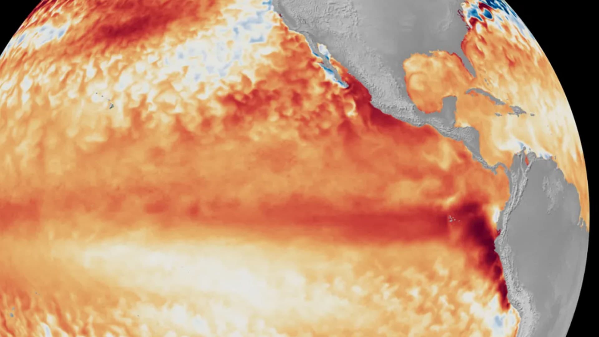 Imágenes satelitales muestran la diferencia entre la temperatura promedio de la superficie del mar en el ecuador del Océano Pacífico tropical durante la primera semana de junio de 2026. Satélites de la NOAA