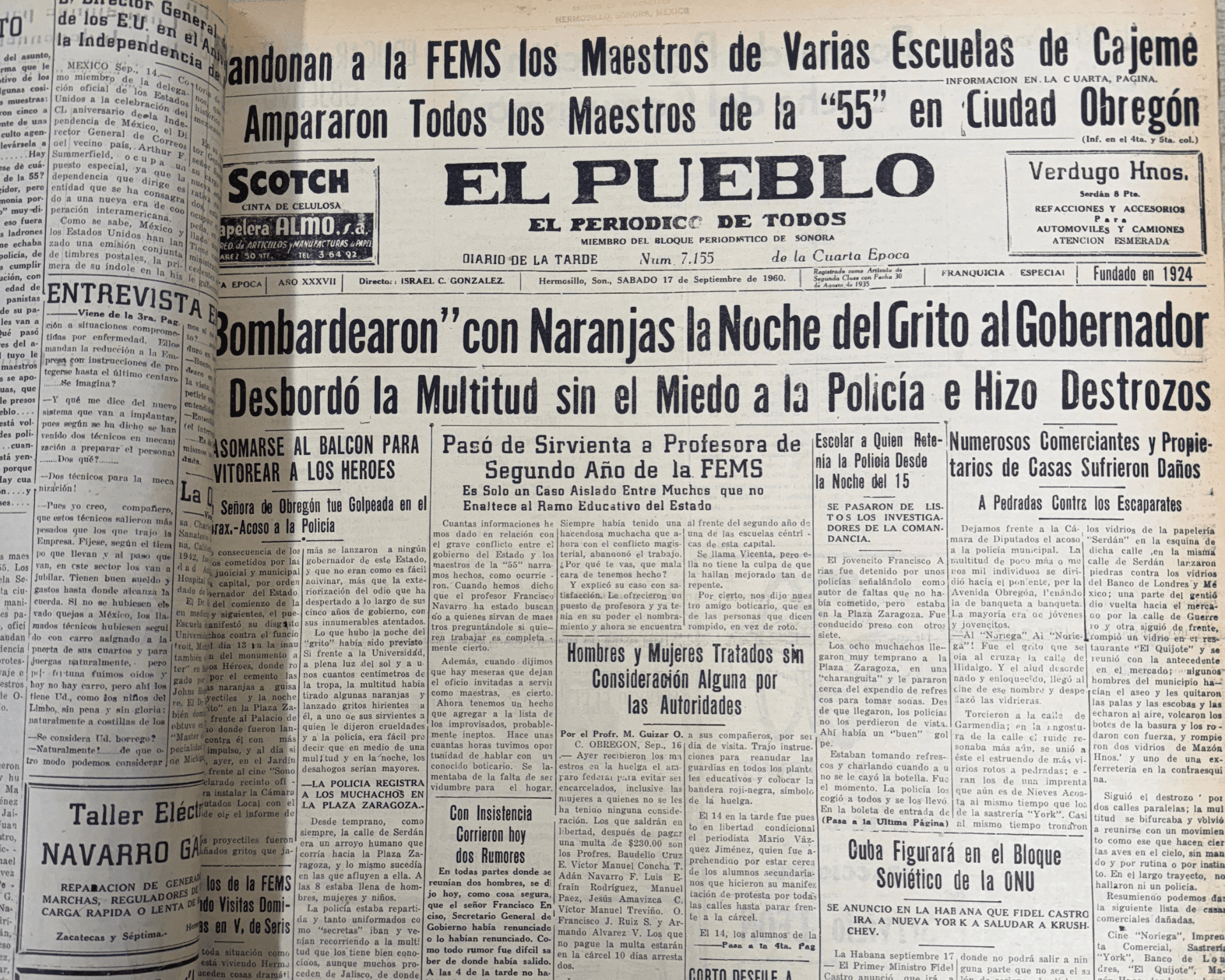 Ejemplar de El Pueblo que documenta lo ocurrido en la Plaza Zaragoza, en Hermosillo.