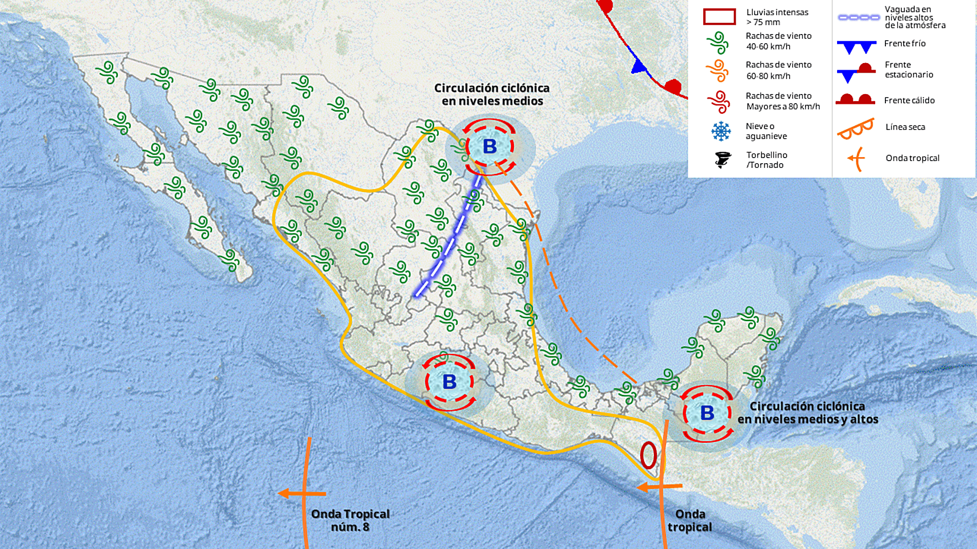 Mapa de previsión del impacto de la onda tropical 9 en México. SMN