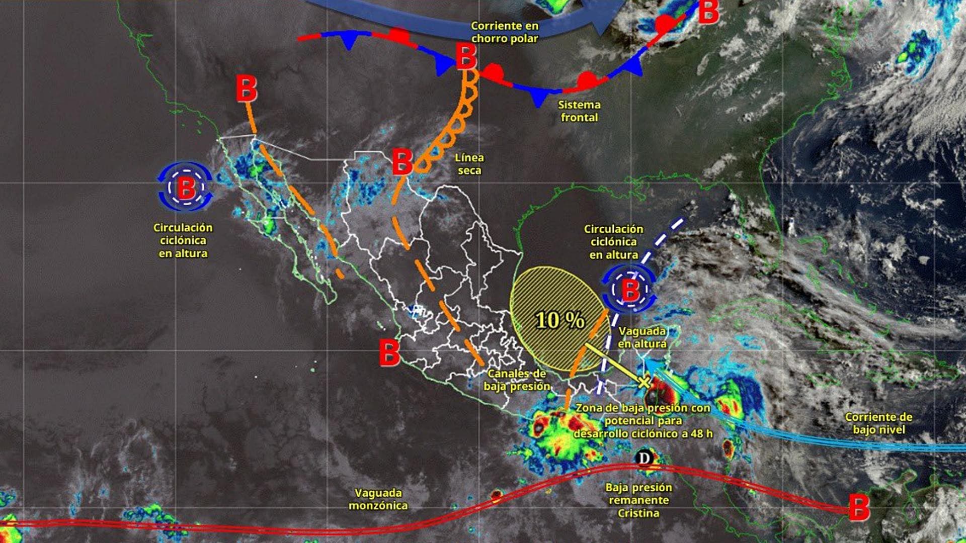 Fenómenos meteorológicos en México el 11 de junio de 2026. Imagen de satélite SMN