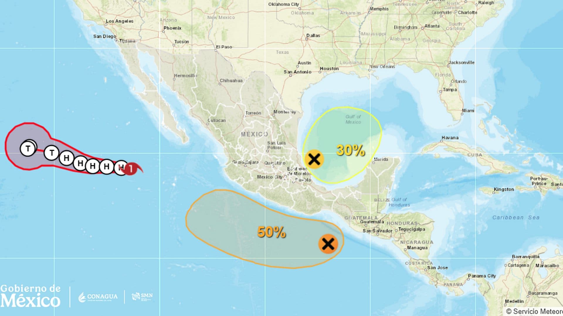 Ubicación de dos zonas de baja presión con potencial ciclónico frente a México. SMN