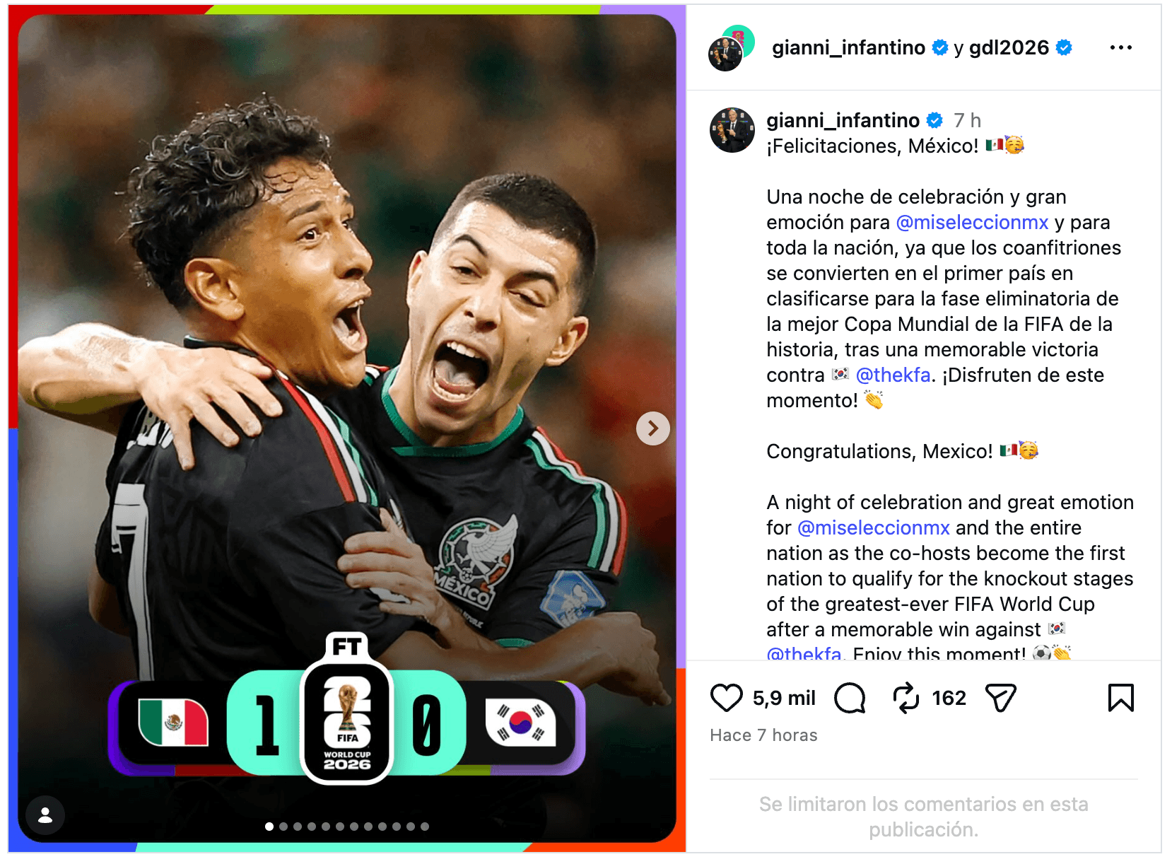 Mensaje de Infantino luego de triunfo de México ante Corea del Sur el 18 de junio 2026.