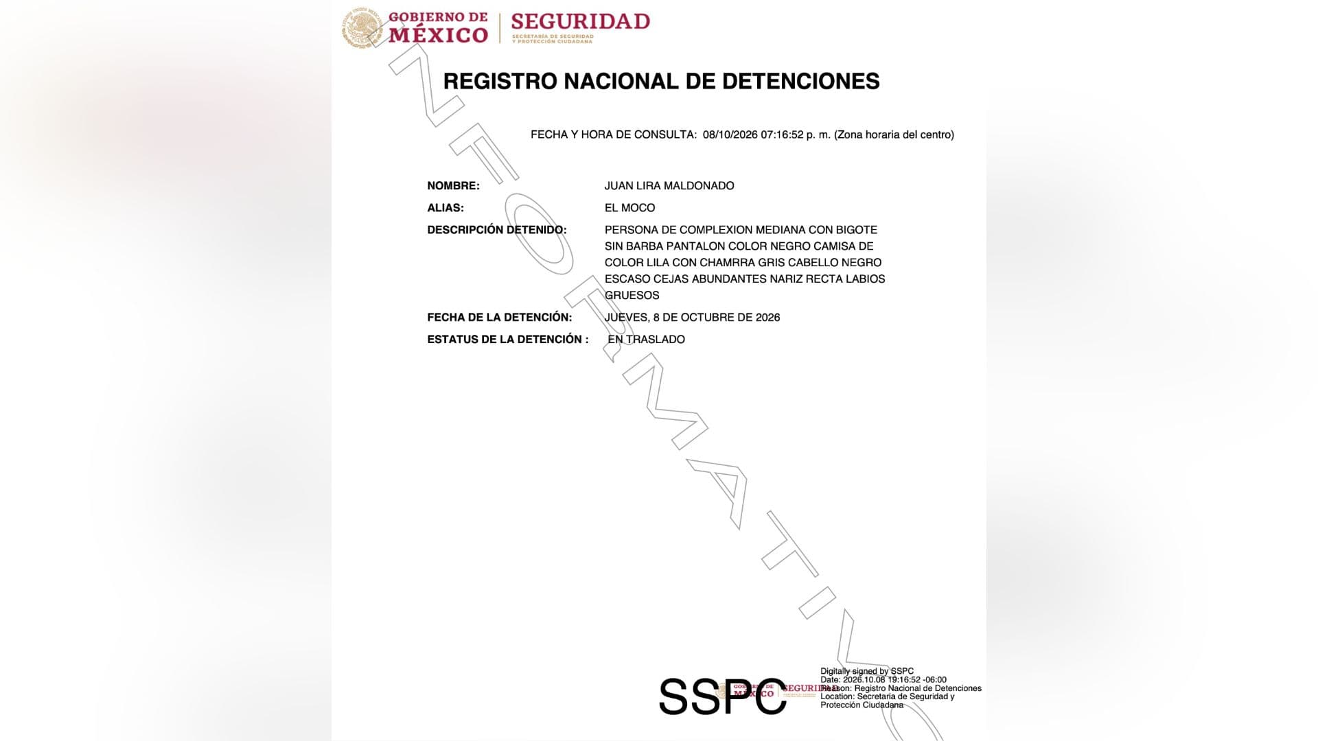 Registro de Detención de 'El Moco'