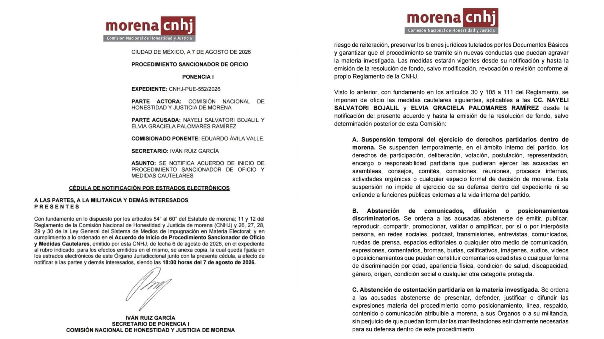 Resolución de Morena sobre Nayeli Salvatori y Graciela Palomares
